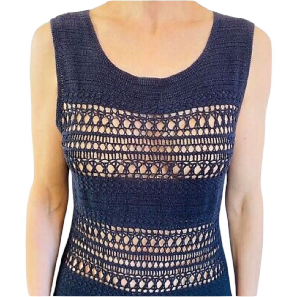 3.1 Phillip Lim Navy Crochet Sheath Gold Appliqué Designer Cocktail Dress - Picture 3 of 8